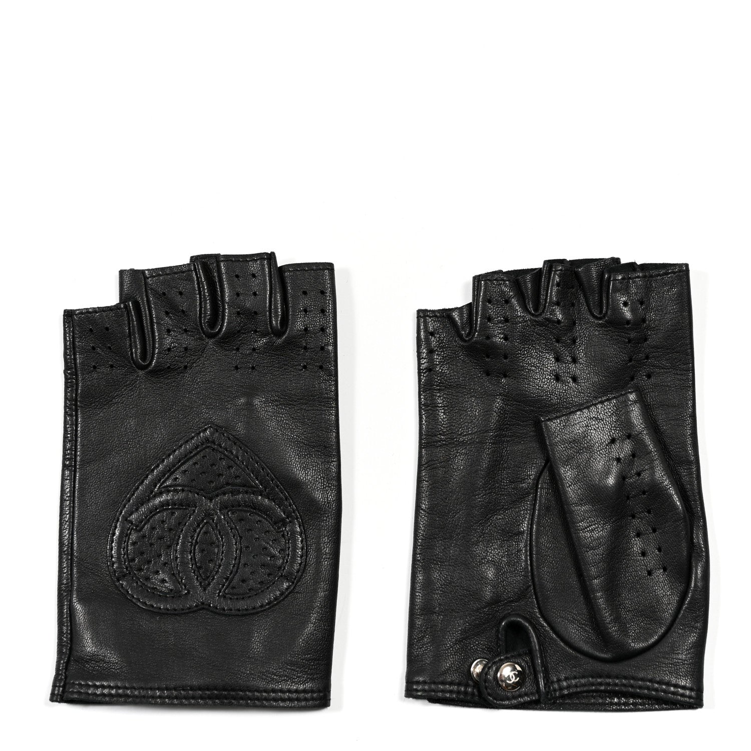 Chanel Lambskin Perforated Fingerless CC Gloves 7.5 Black 1 of 4