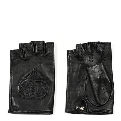 Chanel Lambskin Perforated Fingerless CC Gloves 7.5 Black 1 of 4