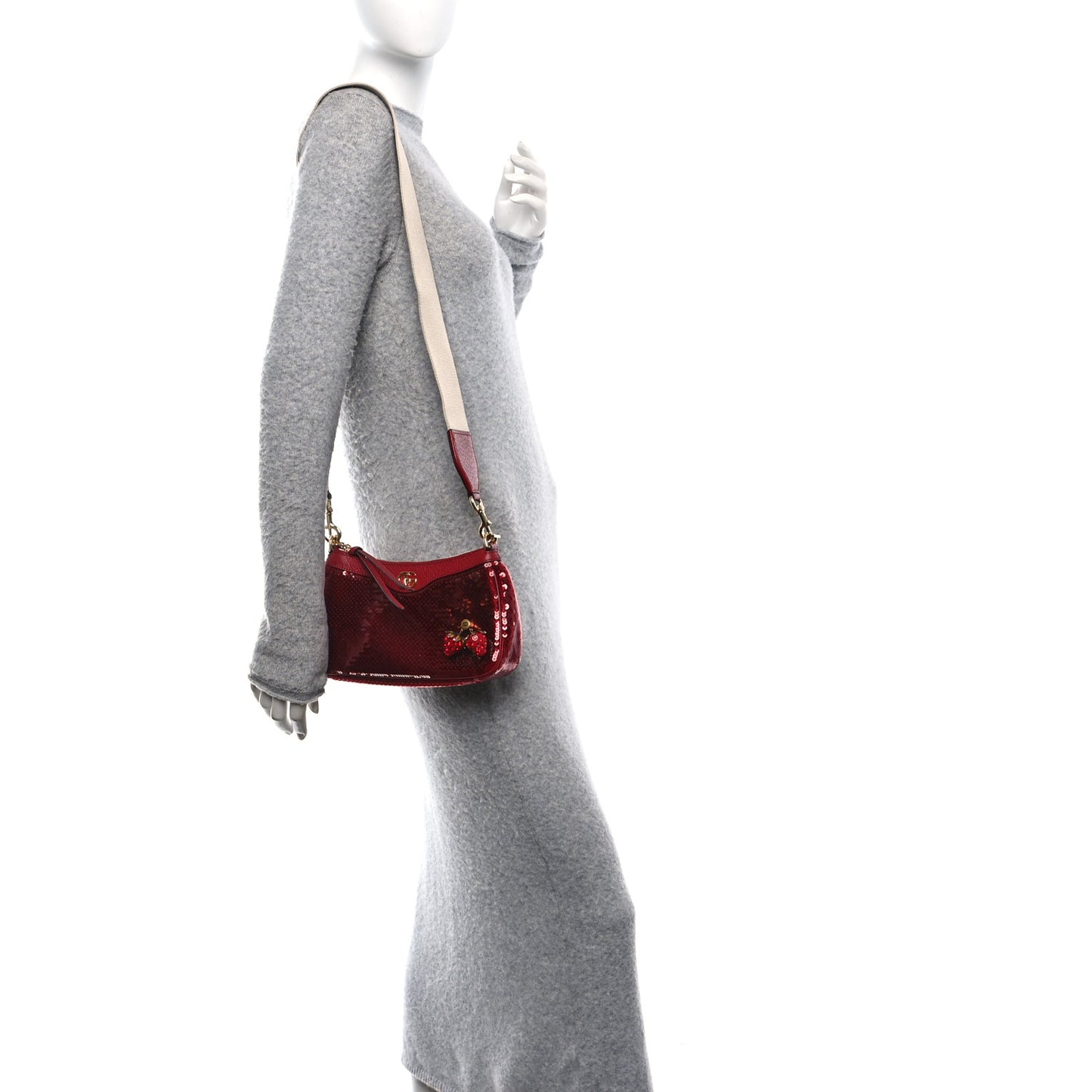 Sequin Textured Dollar Calfskin Strawberry Small Ophidia GG Handbag Red
