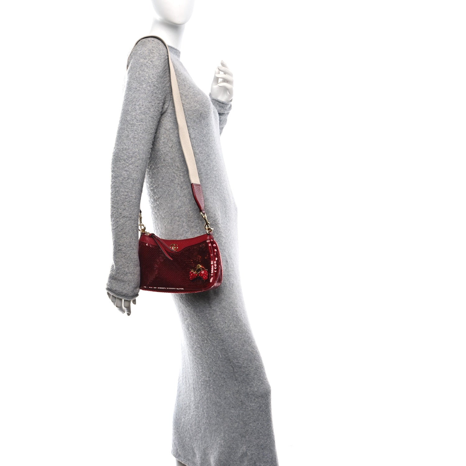 Gucci Sequin Textured Dollar Calfskin Strawberry Small Ophidia GG Handbag Red 2 of 10