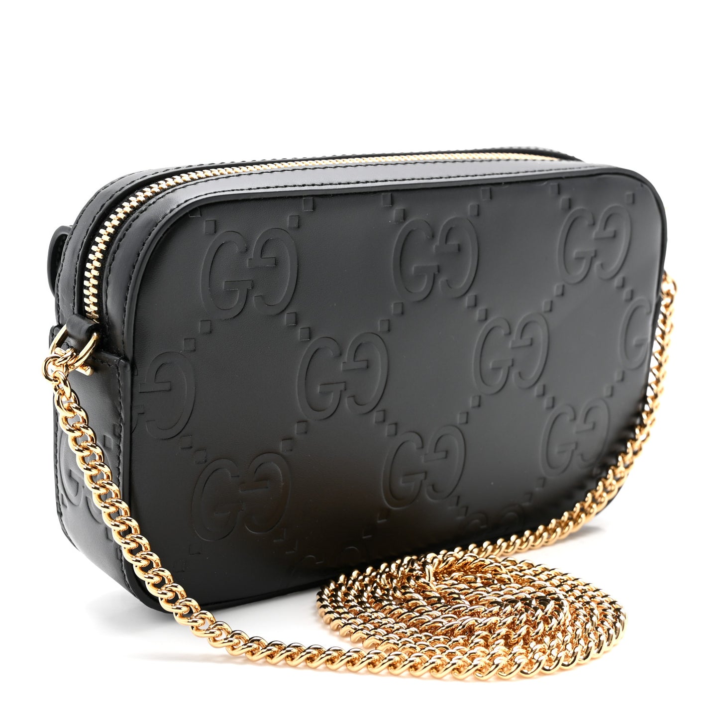 Calfskin GG Super Mini Debossed Chain Wallet Black