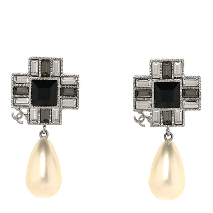 Chanel Crystal Baguette Pearl Cross Drop Earrings Grey Black Silver 1 of 5