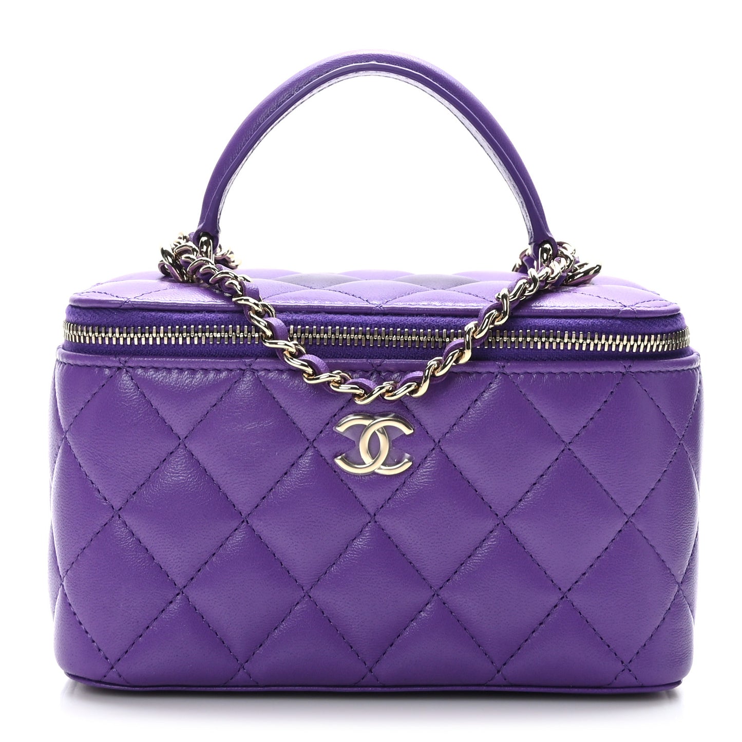 Lambskin Quilted Small Top Handle Vanity Case With Chain Purple
