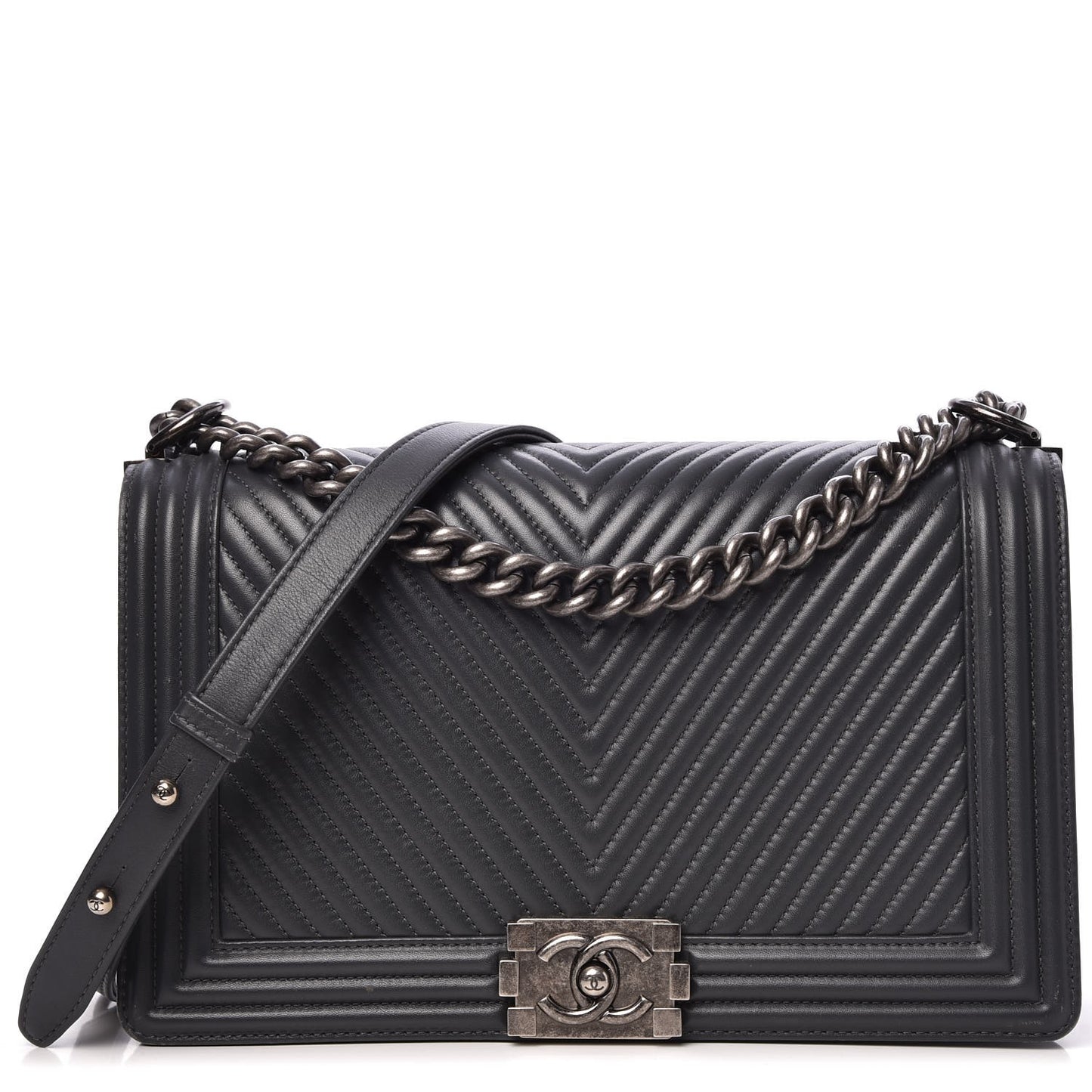 Calfskin Chevron Quilted New Medium Boy Flap Dark Grey