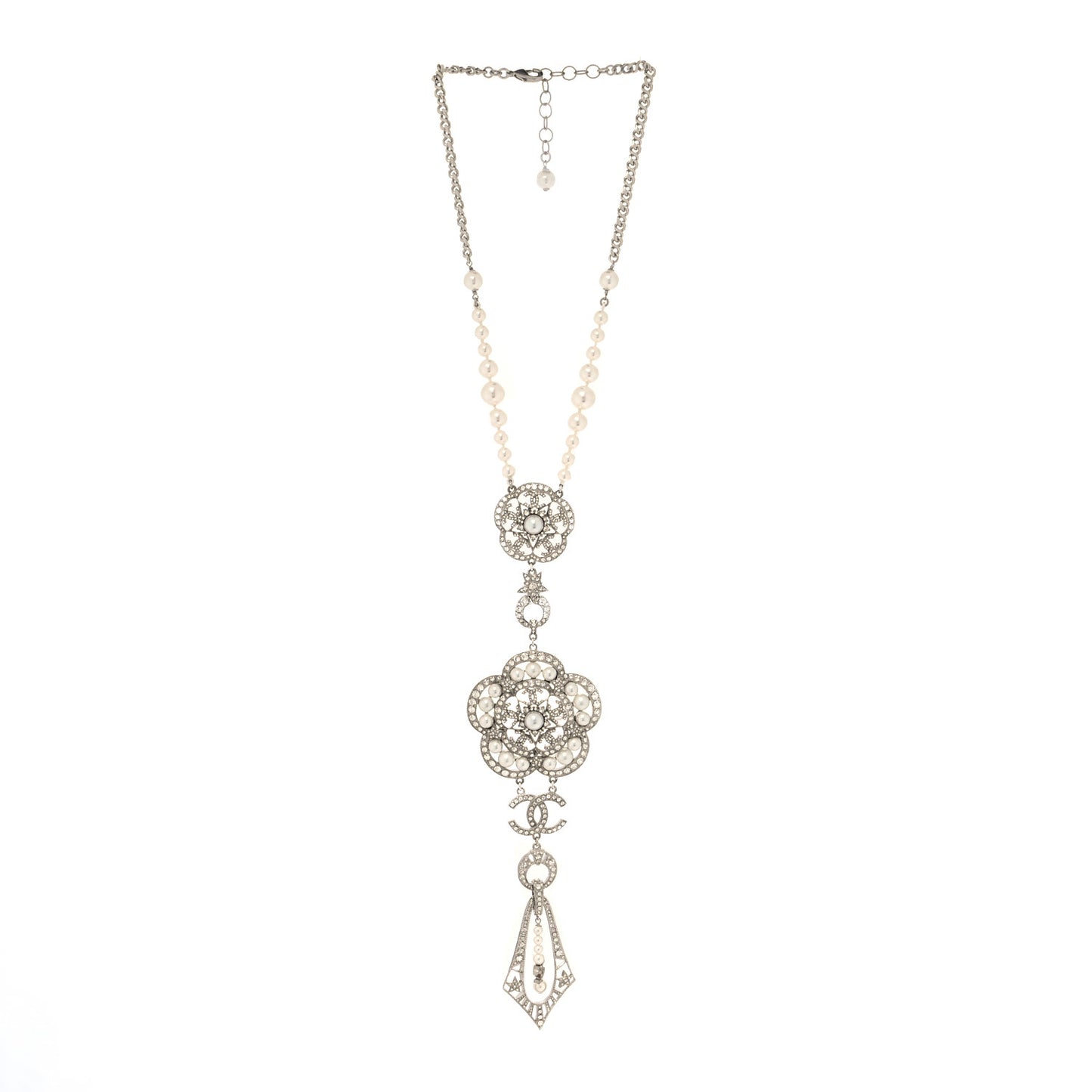 Crystal Pearl CC Camellia Necklace Silver White