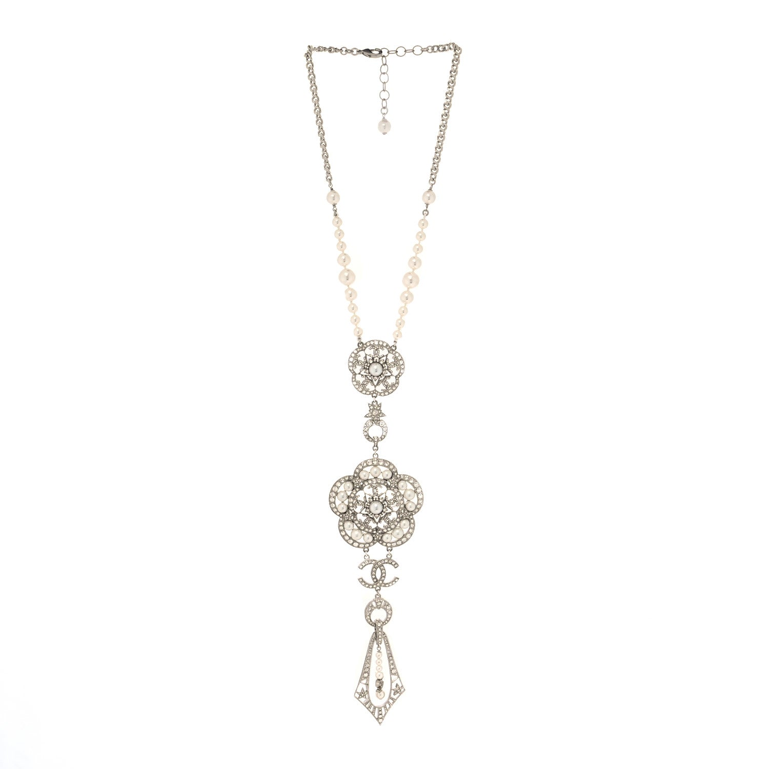 Chanel Crystal Pearl CC Camellia Necklace Silver White 3 of 5