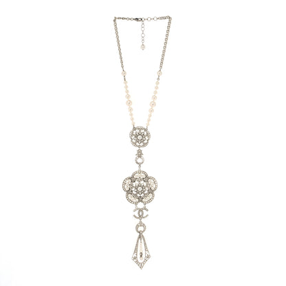 Chanel Crystal Pearl CC Camellia Necklace Silver White 3 of 5