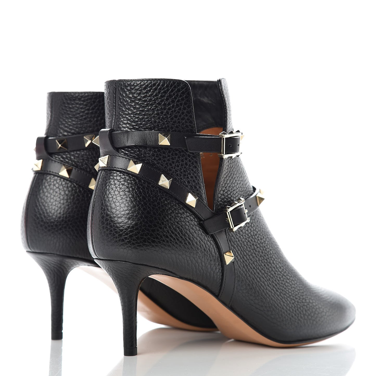 Grained Calfskin Rockstud Double Buckle 65mm Ankle Boots 39.5 Black