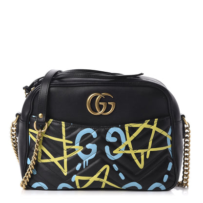 Gucci Calfskin Matelasse GucciGhost Medium GG Marmont Chain Shoulder Bag Black New Acquamarine 1 of 12