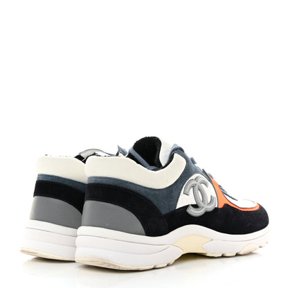 Chanel Nylon Calfskin Suede CC Womens Sneakers 37.5 Navy White Orange Black 4 of 11
