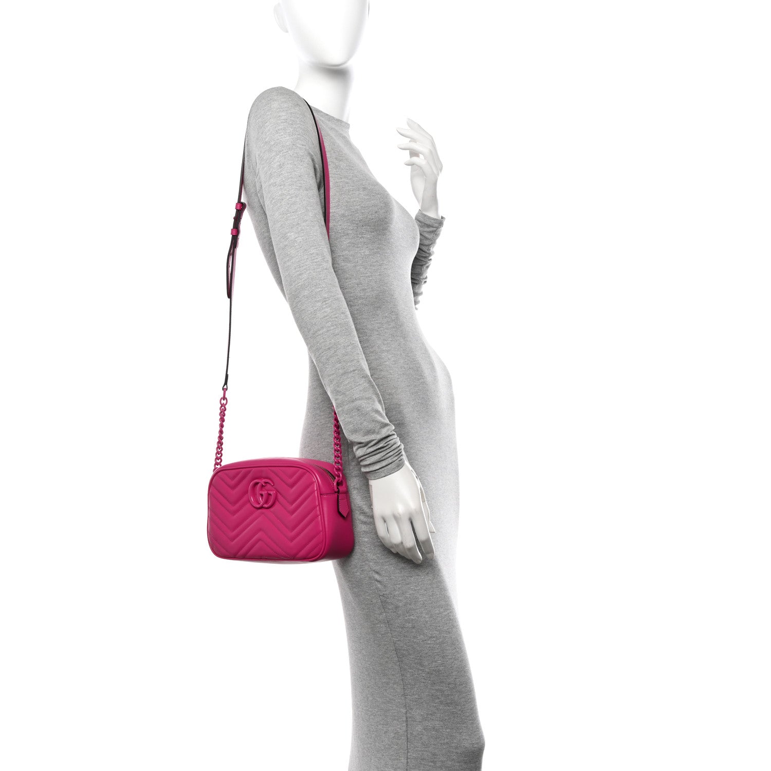 Gucci Calfskin Matelasse Monochrome Small GG Marmont Chain Shoulder Bag Classic Fuxia 2 of 11