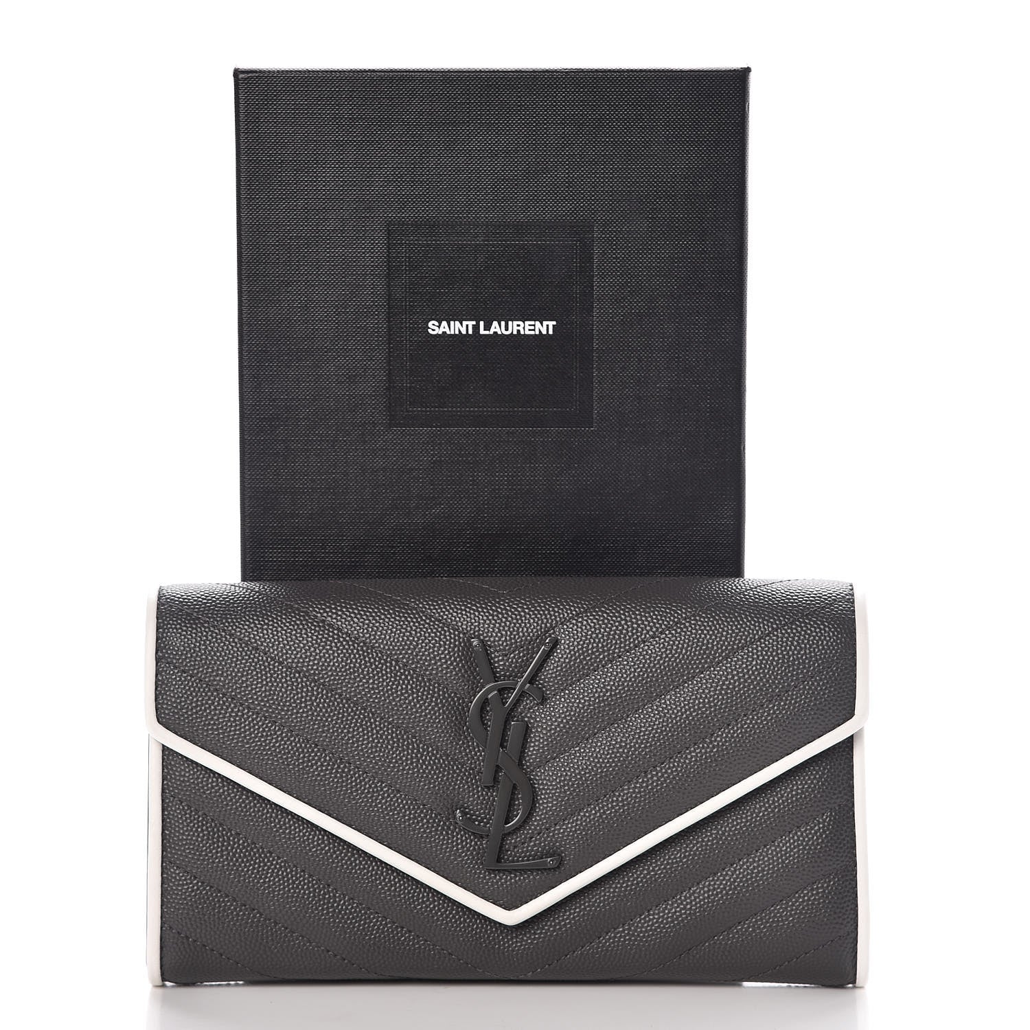 Saint Laurent Grain De Poudre Matelasse Large Monogram Flap Wallet Grey Dove White 9 of 9