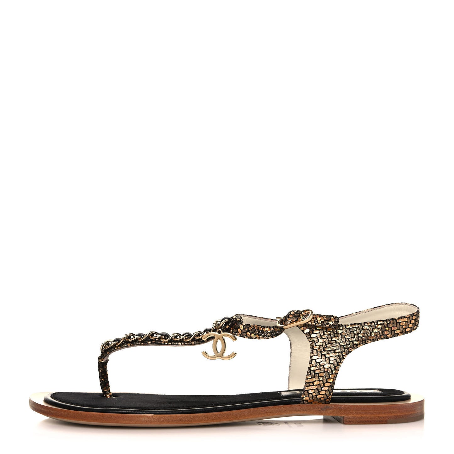 Fantasy Goatskin Suede CC Chain Thong Sandals 38.5 Gold Black