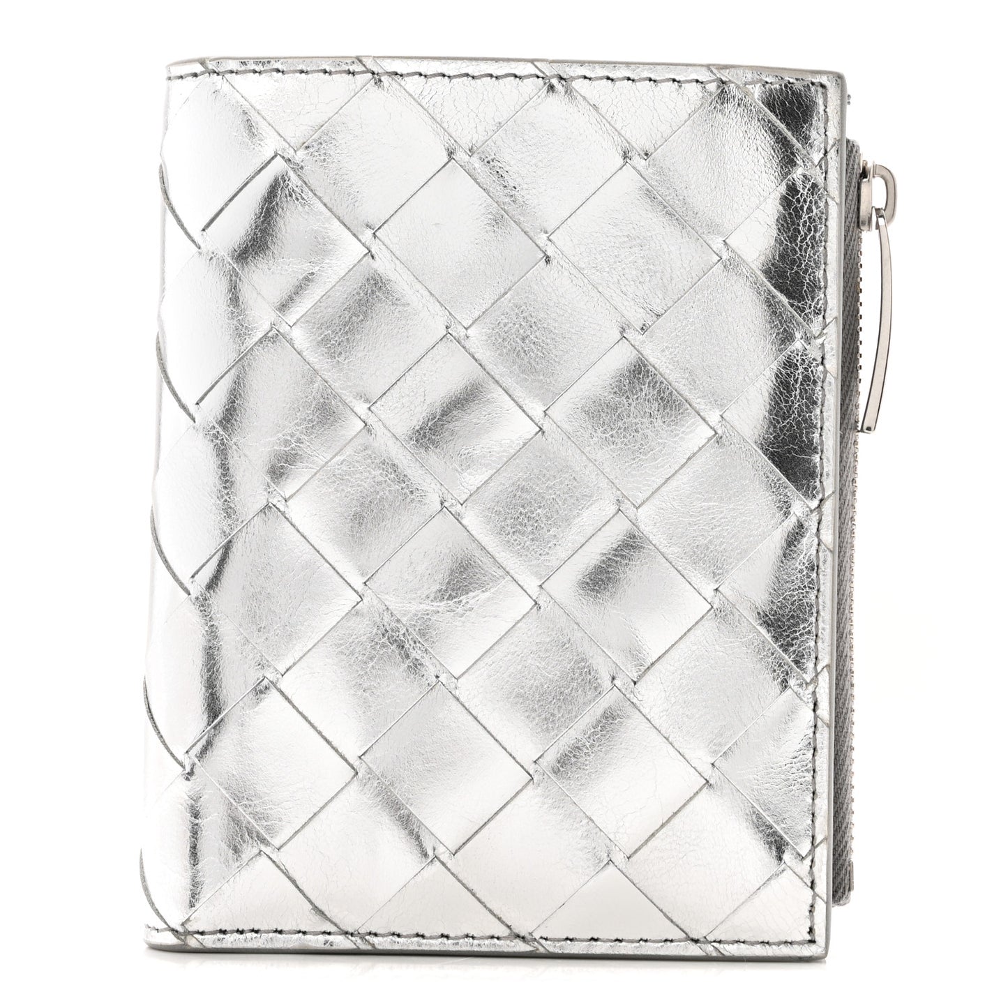 Metallic Calfskin Intrecciato Bifold Zip Wallet Silver