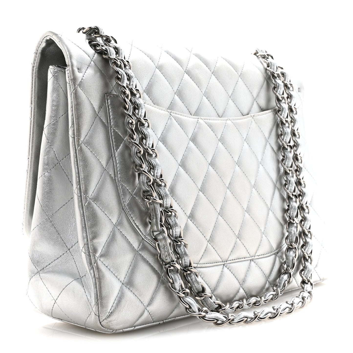 Metallic Lambskin Quilted Maxi Single Flap Silver