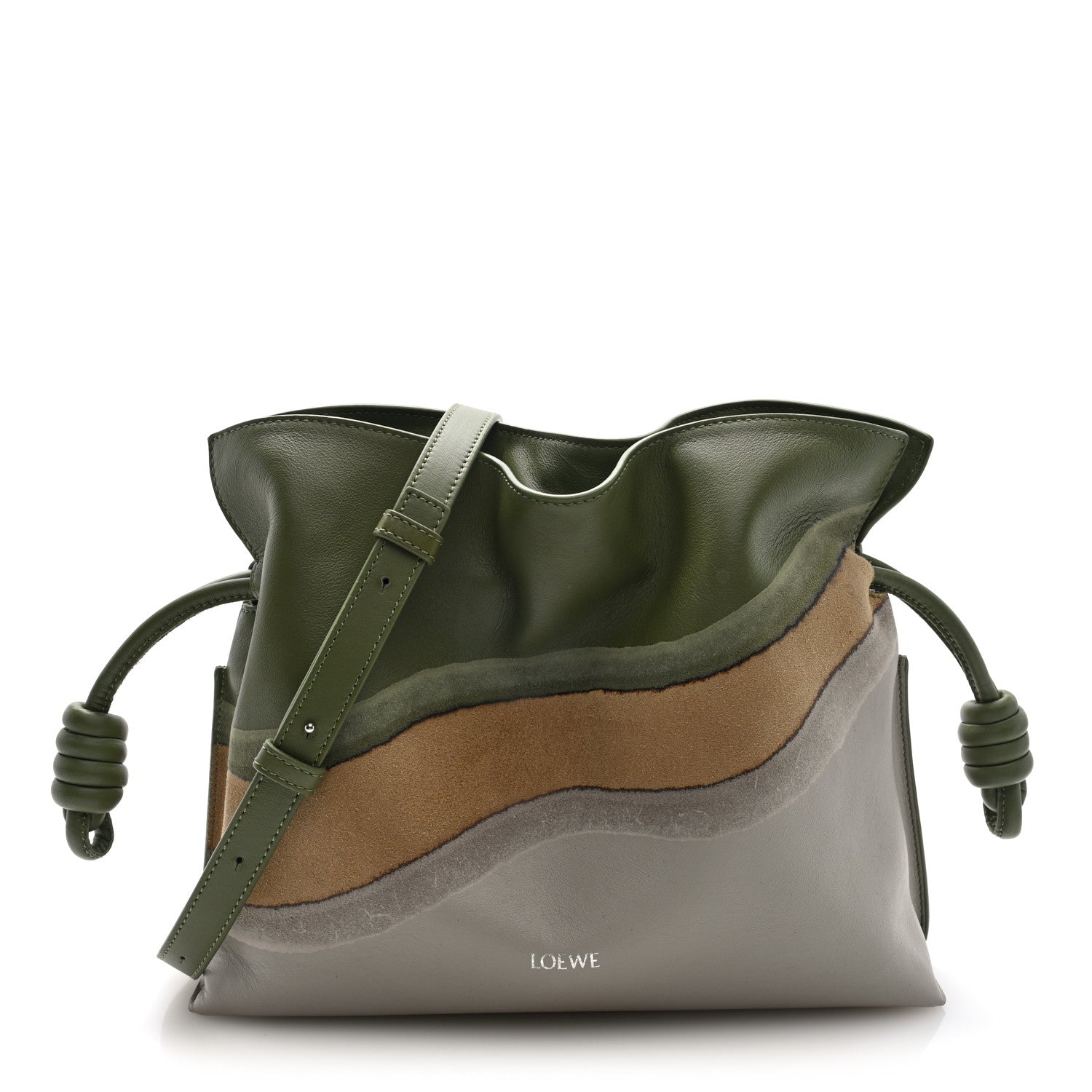 Loewe Nappa Calfskin Suede Medium Flamenco Landscape Knot Clutch Green Beige Grey 1 of 9