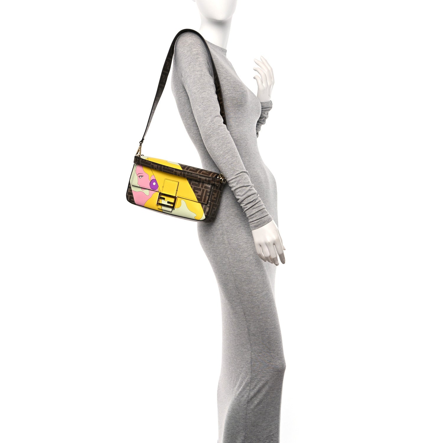 Fendi Glazed Fabric FF 1974 Hairdo Girls Inlay Baguette Mogano Panna Multicolor 3 of 10