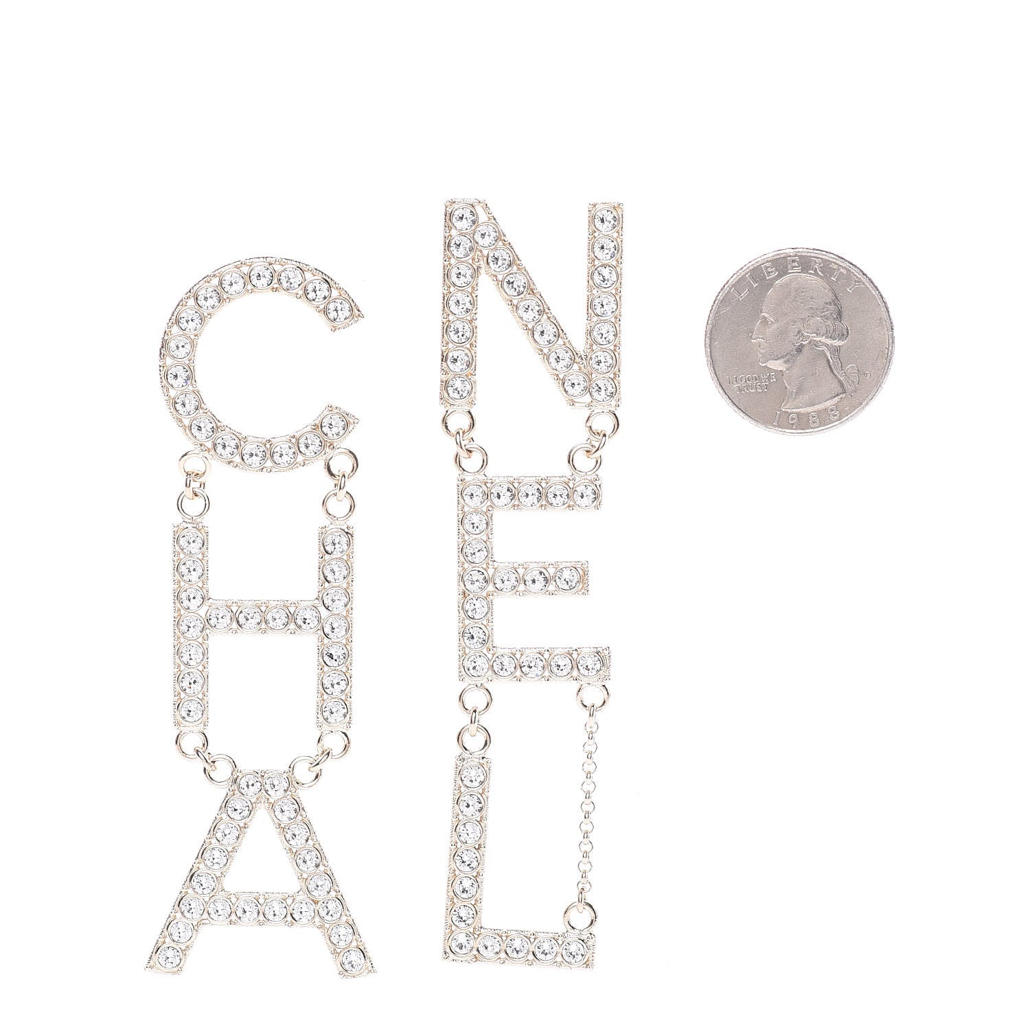 Chanel Crystal Cha-Nel Logo Drop Earrings Gold 2 of 5