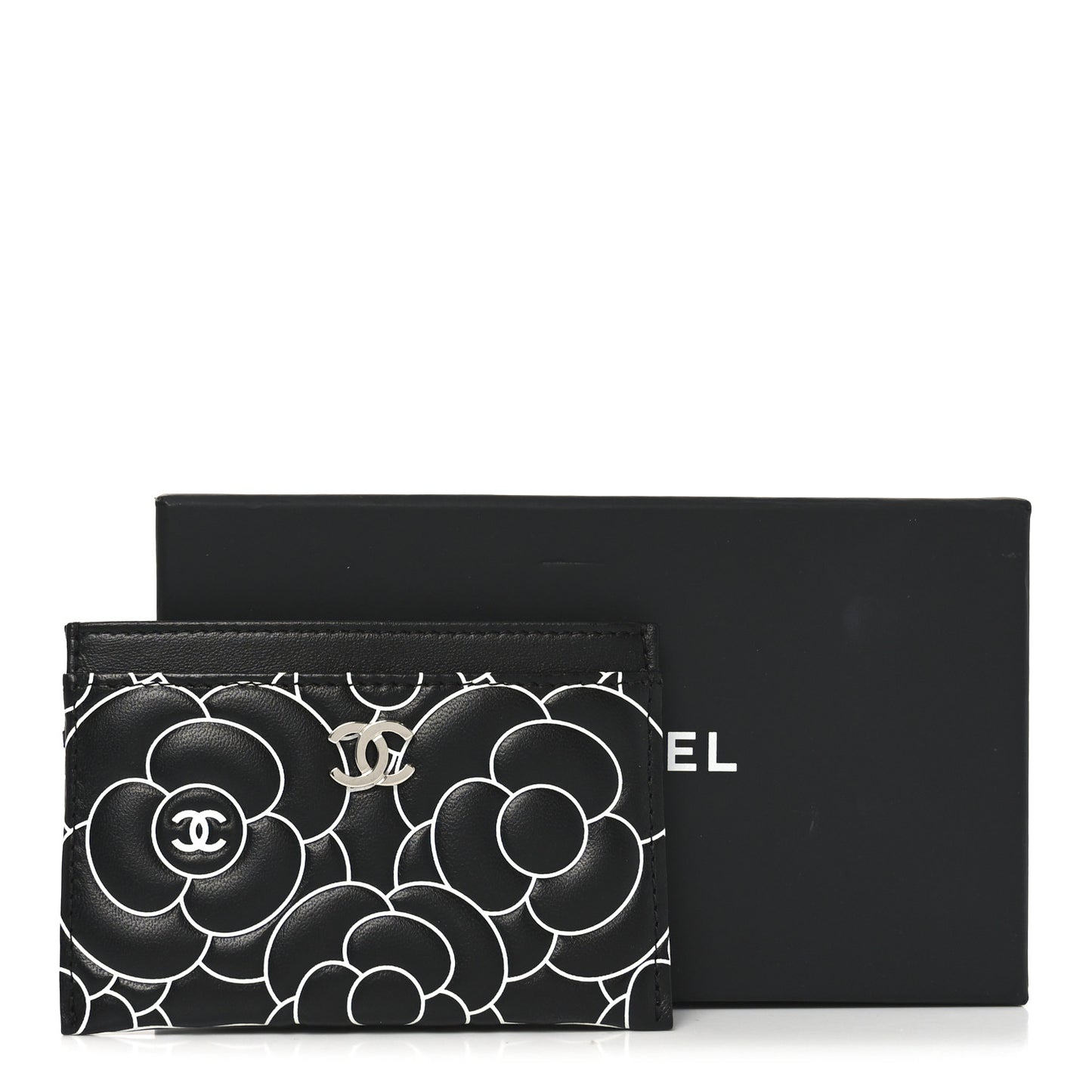 Lambskin Camellia Embossed Card Holder Black White