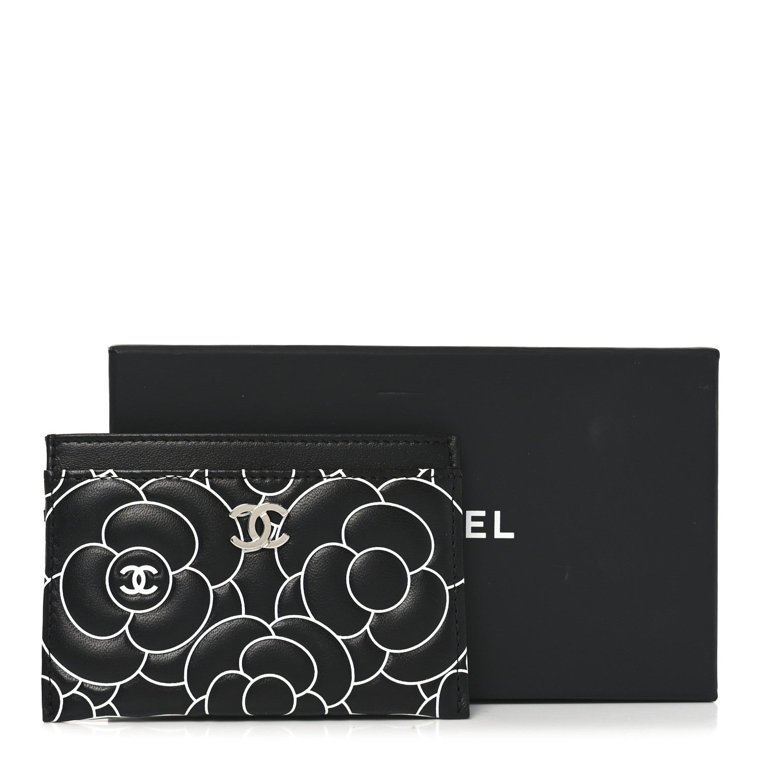 Chanel Lambskin Camellia Embossed Card Holder Black White 9 of 9