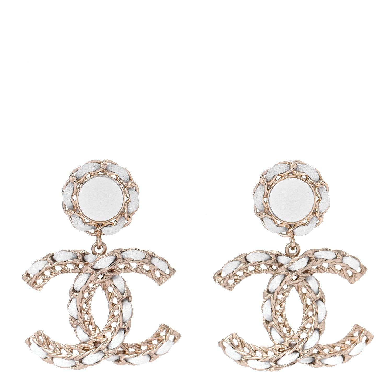 Chanel Lambskin Metal Chain CC Drop Earrings White Gold 1 of 5