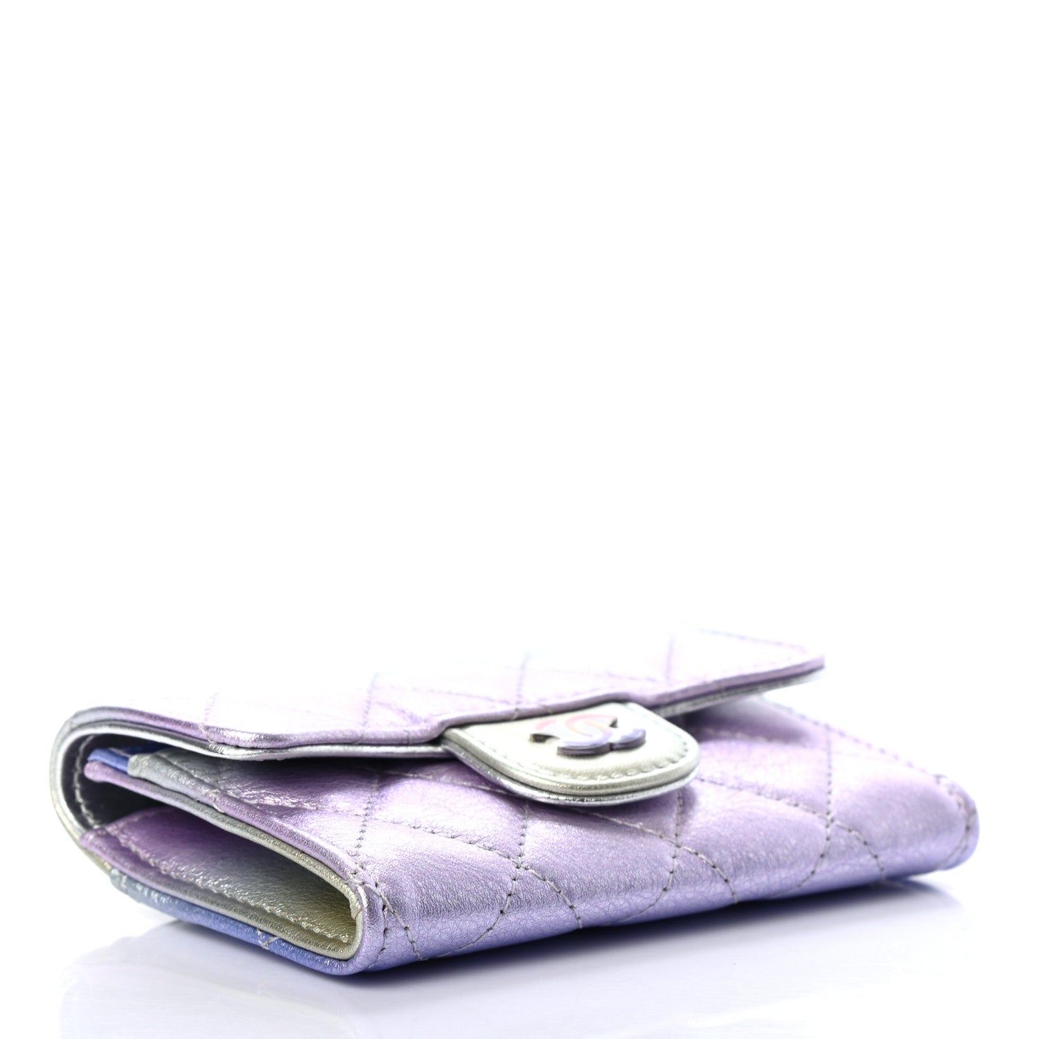 Chanel Gradient Metallic Calfskin Quilted Flap Card Holder Wallet Silver Blue Yellow Purple 4 of 8