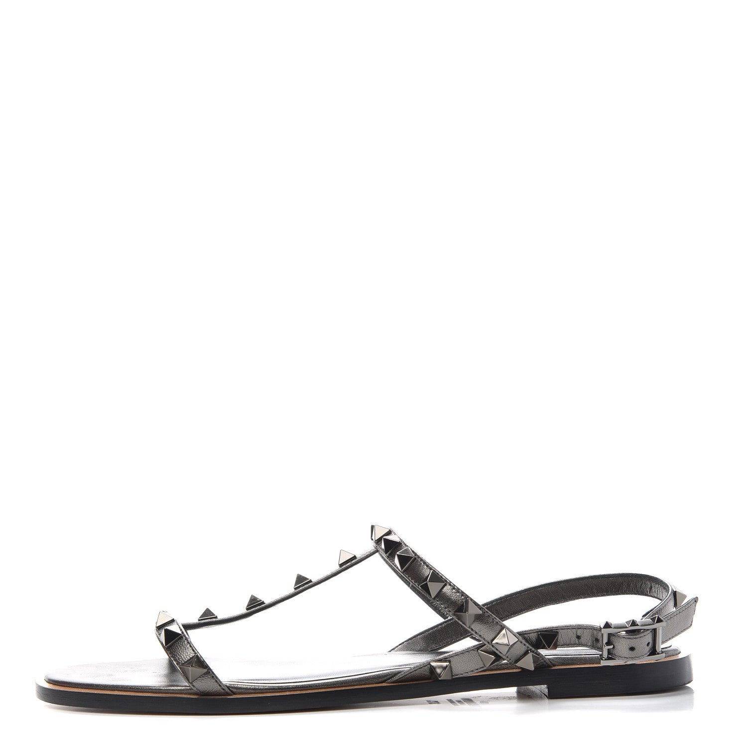 Valentino Garavani Metallic Nappa Rockstud T-Strap Slingback Flat Sandals 37.5 Rutenio 1 of 10
