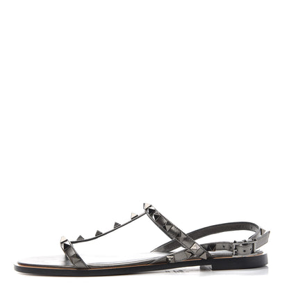 Valentino Garavani Metallic Nappa Rockstud T-Strap Slingback Flat Sandals 37.5 Rutenio 1 of 10