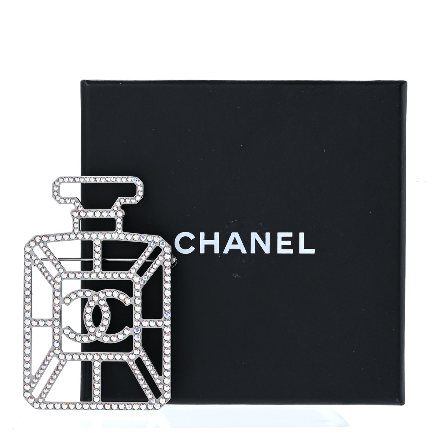 Ruthenium Crystal Perfume Bottle CC Brooch Iridescent Blue