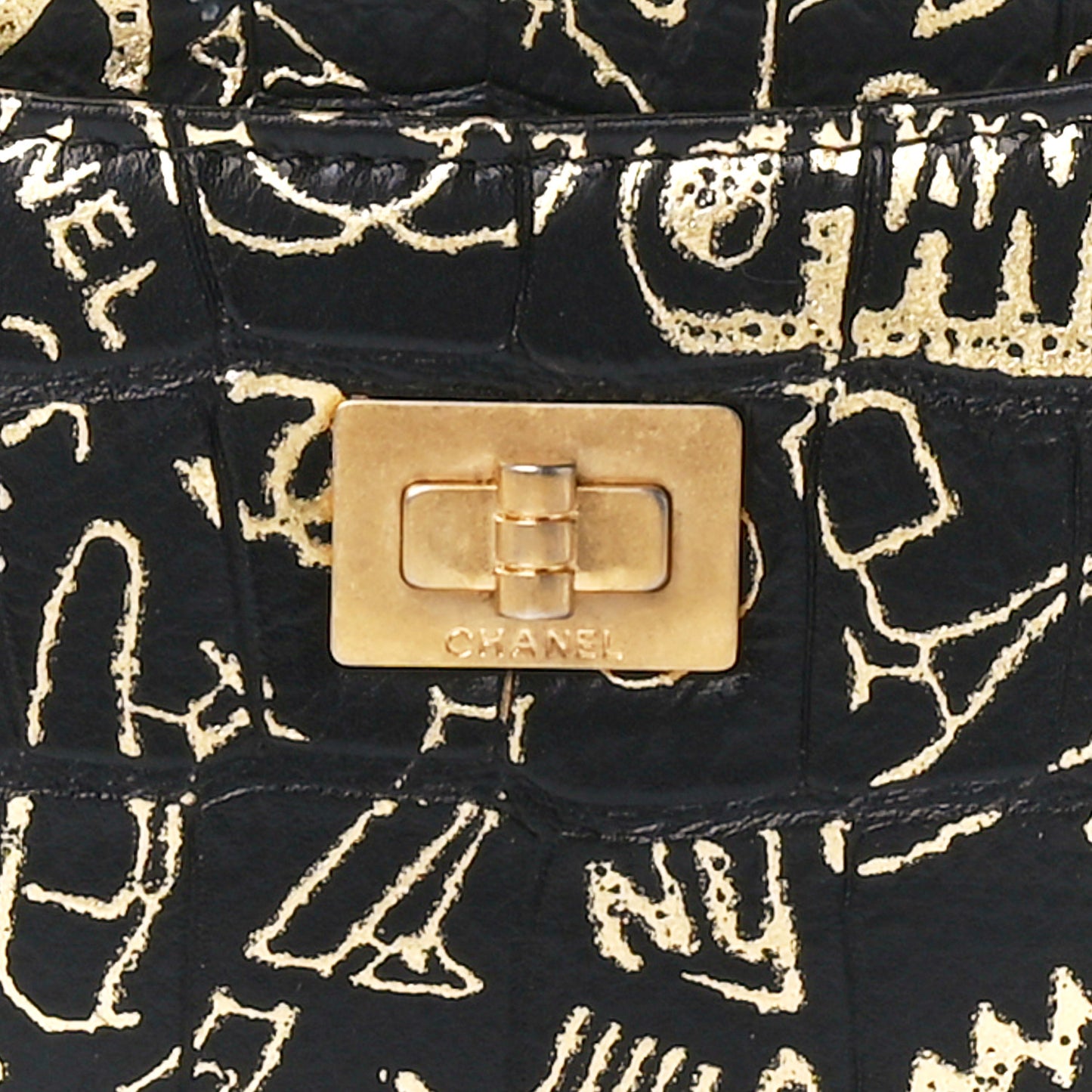 Calfskin Crocodile Embossed Graffiti 2.55 Cocodile Reissue Zip Pouch Black Gold