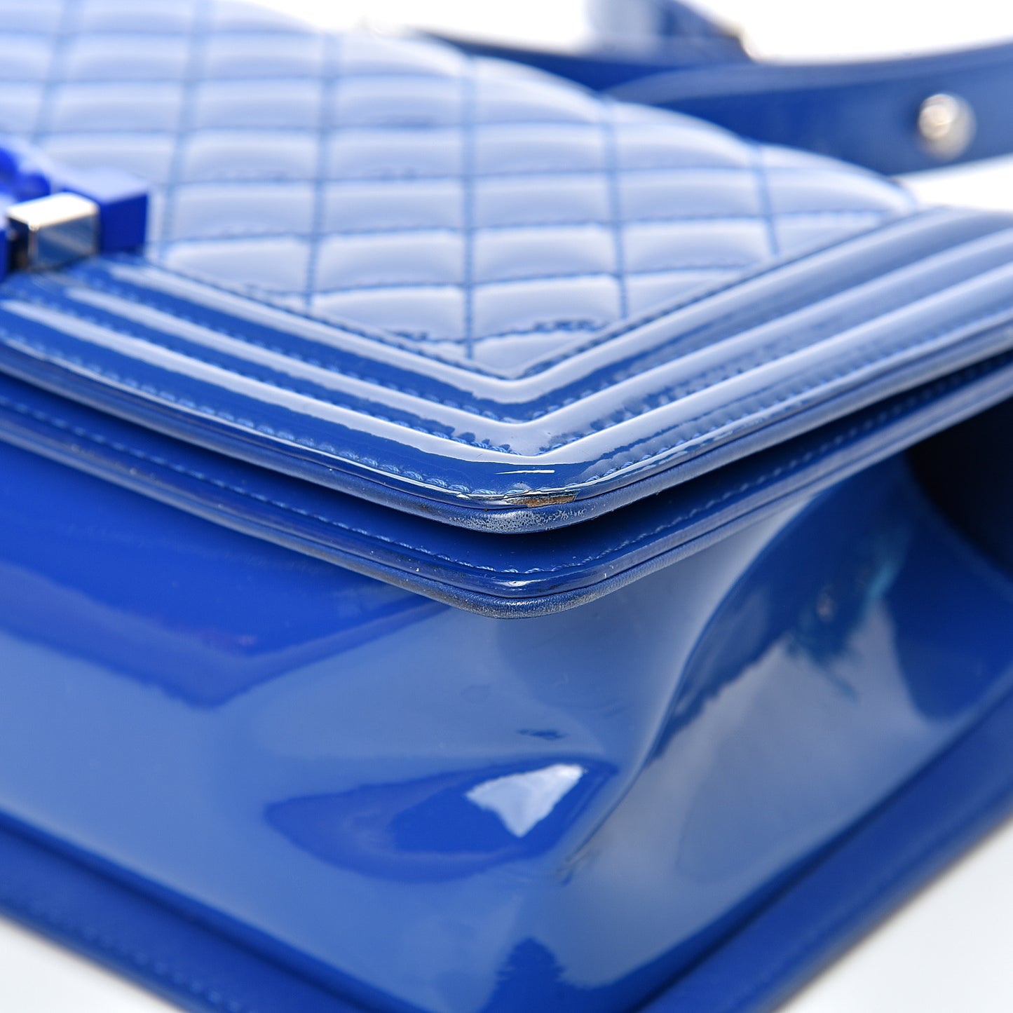 Patent Calfskin Quilted Medium Plexiglass Boy Flap Blue