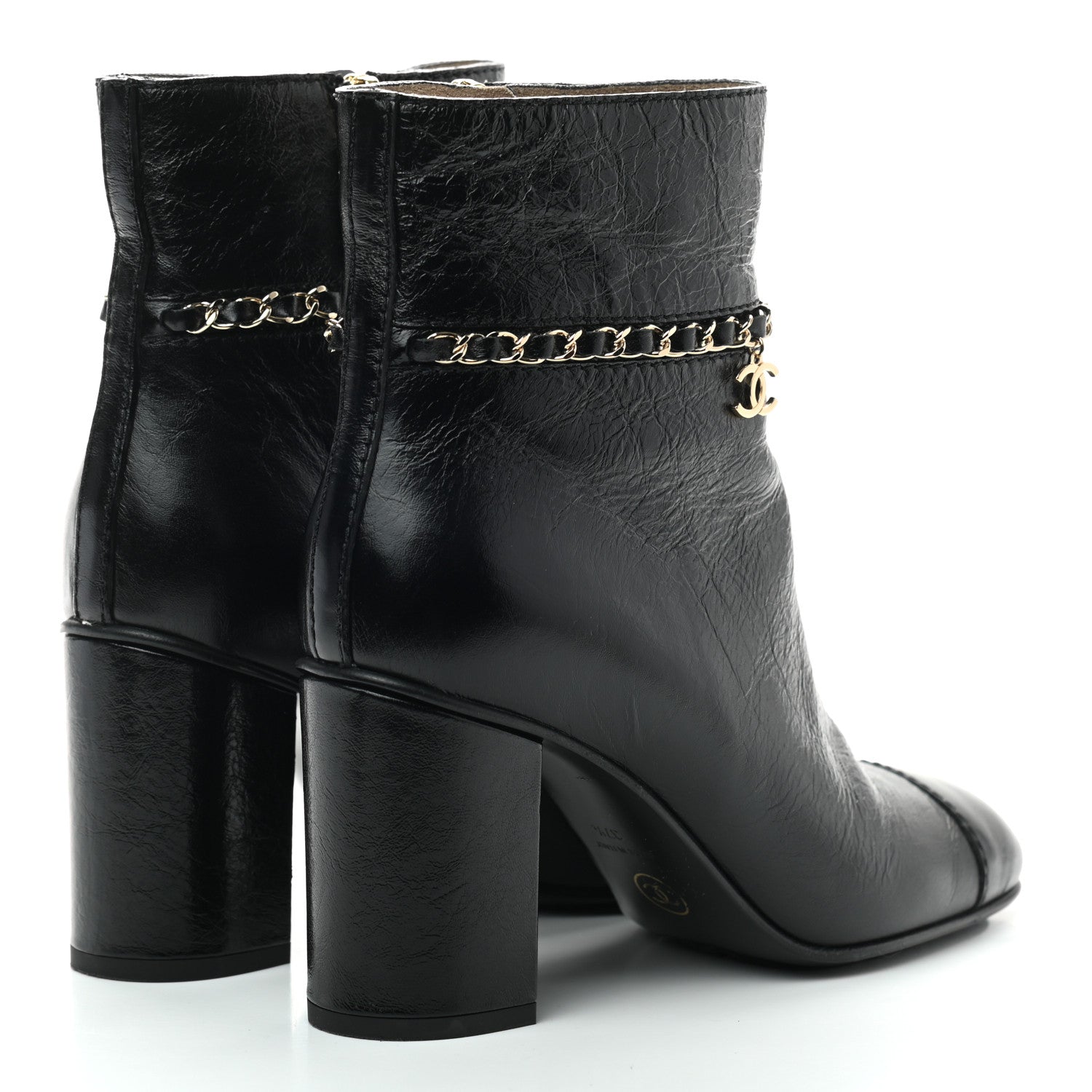 Chanel Crumpled Calfskin Cap Toe Chain Short Boots 37.5 Black 4 of 6