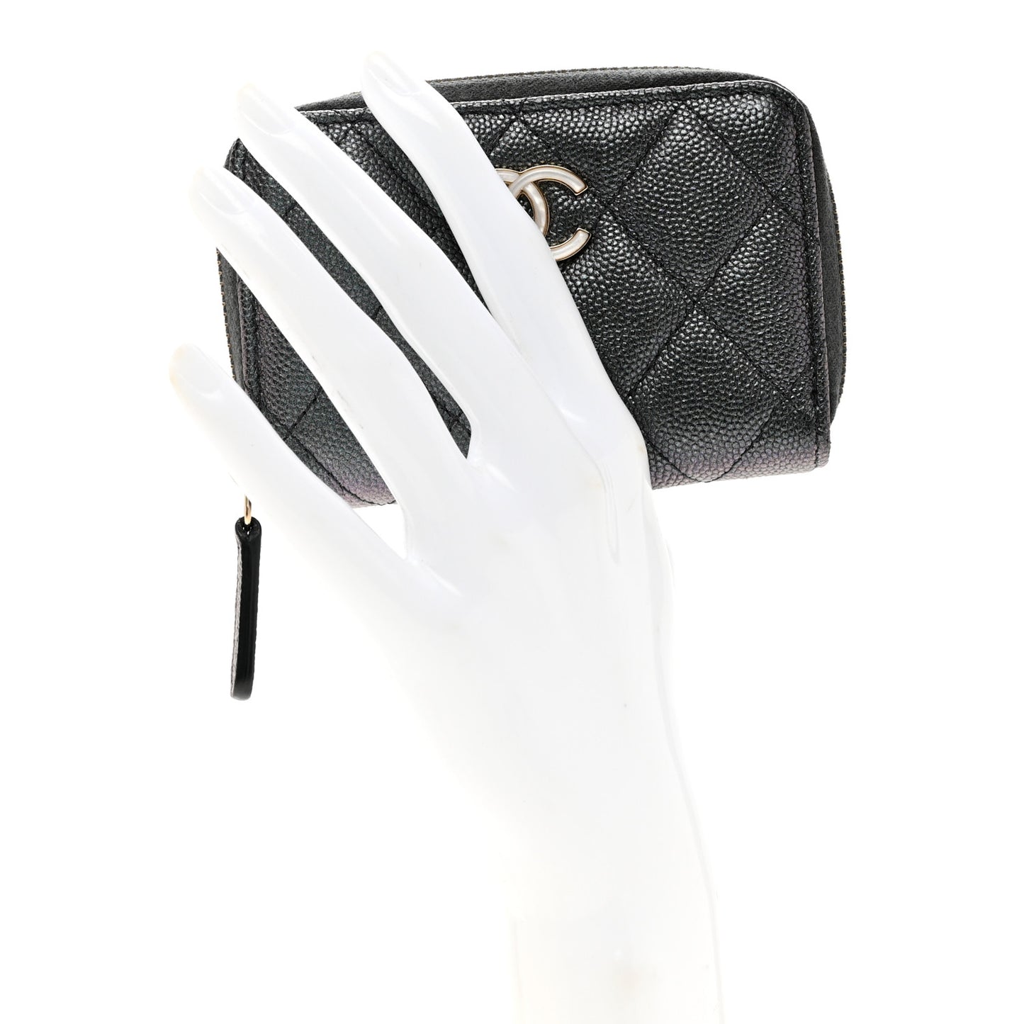 Iridescent Caviar Quilted Zip Coin Purse Black