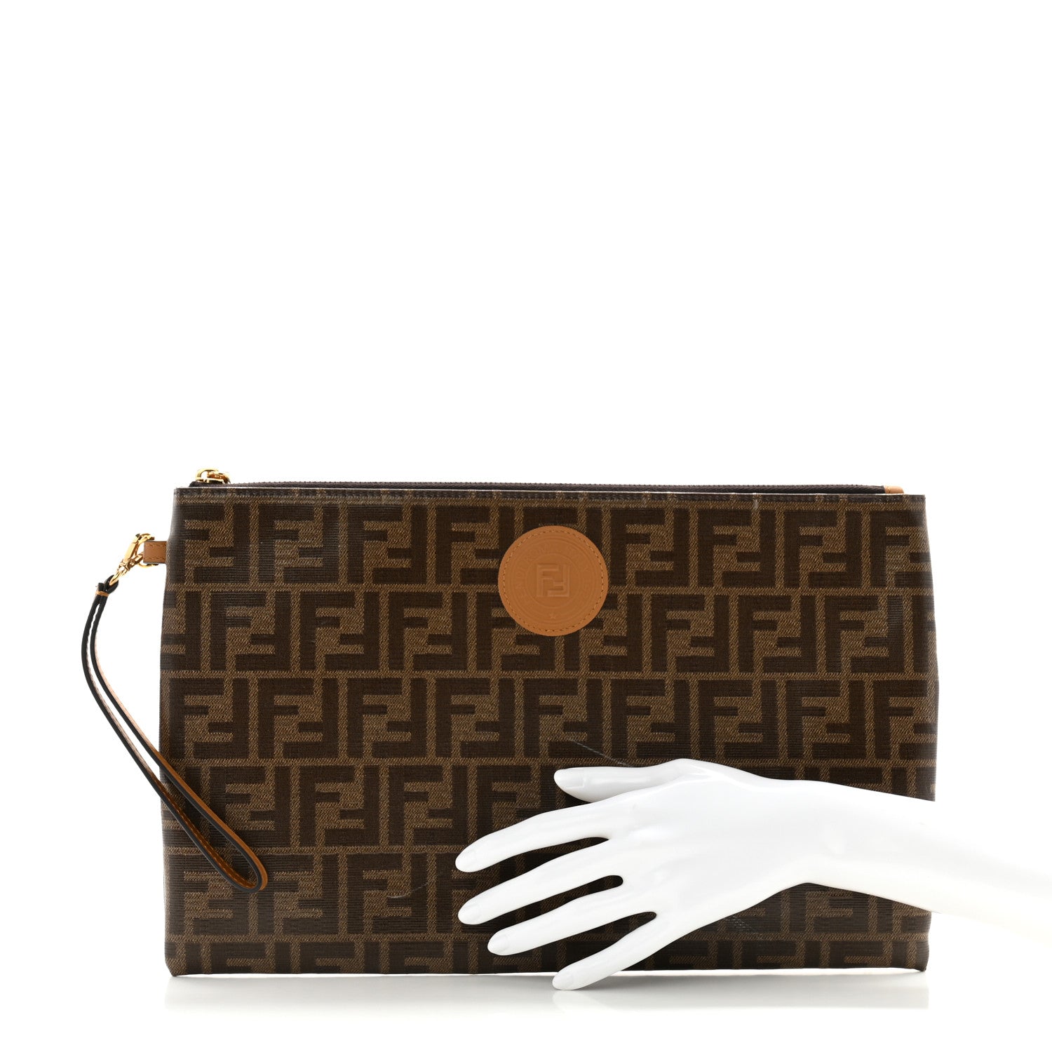 Fendi Glazed Fabric Vitello Century FF 1974 Stamp Patch Large Flat Pouch Mogano Panna Caramello 2 of 11