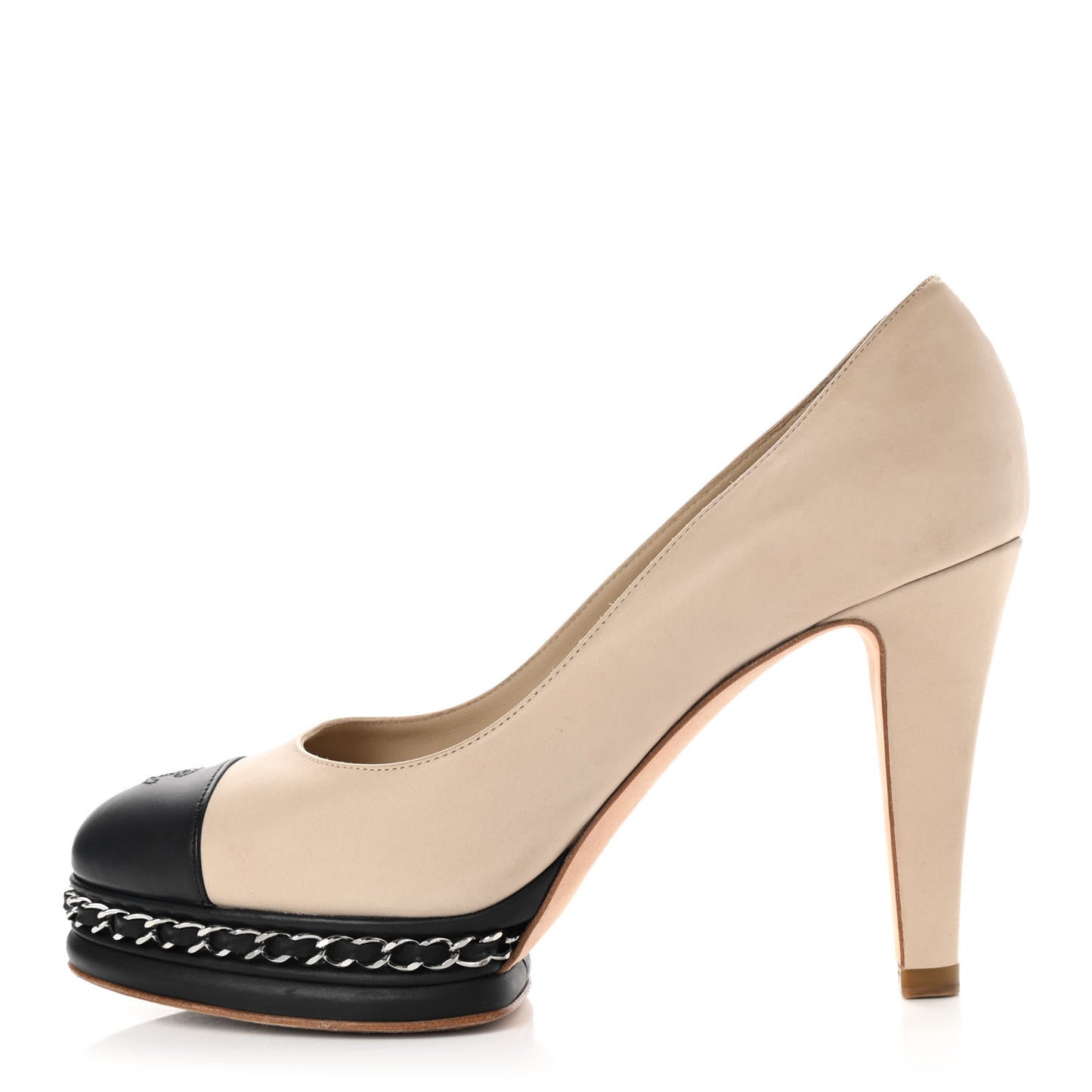 Calfskin CC Cap Toe Platform Chain Pumps 37.5 Beige Black