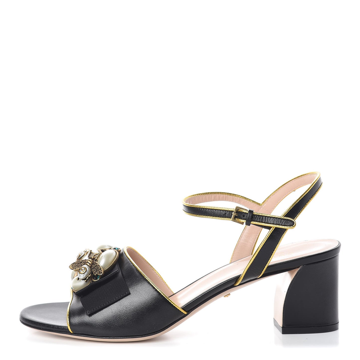 Nappa Silk Pearl Bee Embellished Mid-Heel Sandals 39 Black