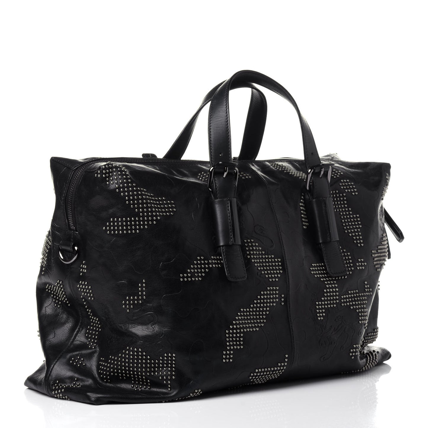 Smooth Calfskin Camo Studded Weekender Bag Black