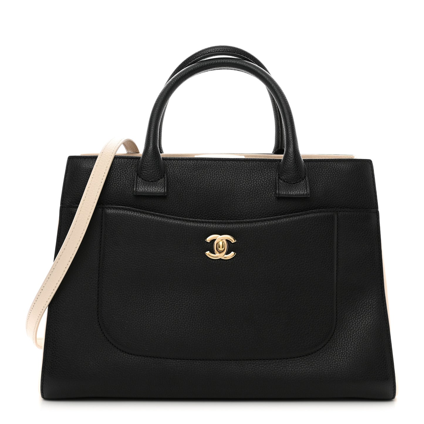 Grained Calfskin Small Bi-Color Neo Executive Shopper Tote Black Beige