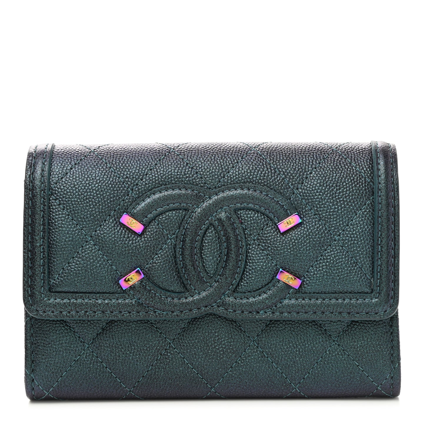 Iridescent Caviar Quilted Medium Filigree Flap Wallet Dark Turquoise