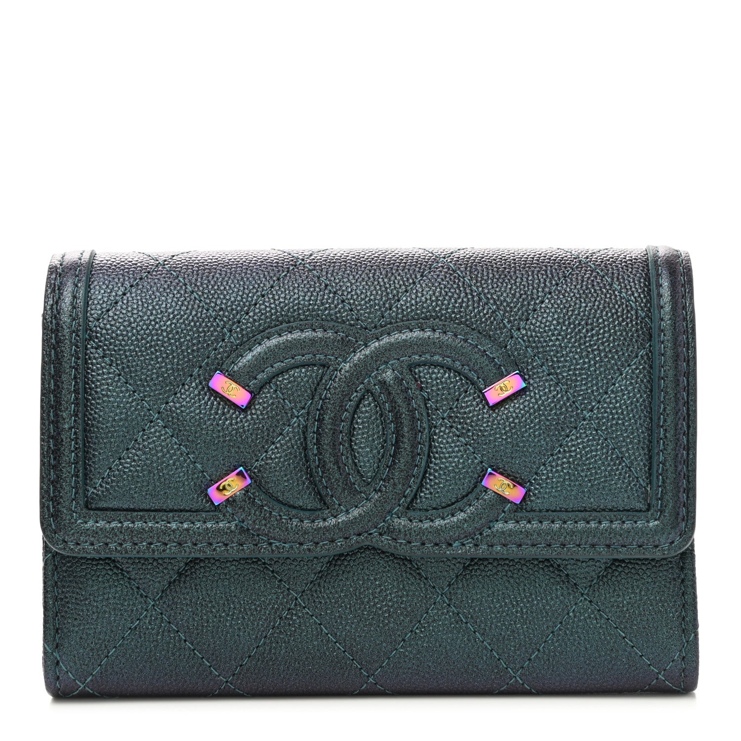 Chanel Iridescent Caviar Quilted Medium Filigree Flap Wallet Dark Turquoise 1 of 8