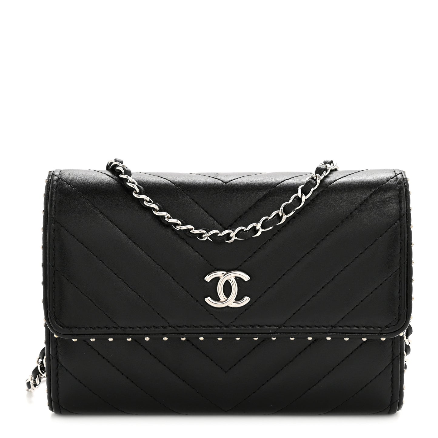 Lambskin Chevron Quilted Studded Wallet On Chain WOC Black
