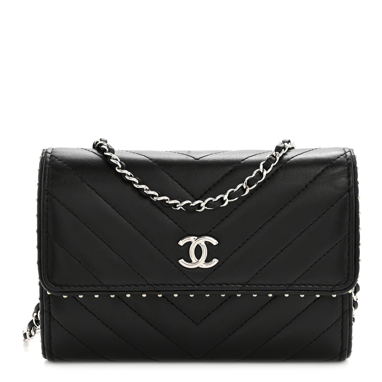 Chanel Lambskin Chevron Quilted Studded Wallet On Chain WOC Black 1 of 13