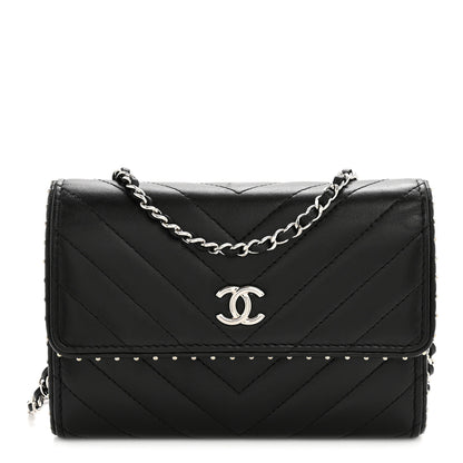 Chanel Lambskin Chevron Quilted Studded Wallet On Chain WOC Black 1 of 13