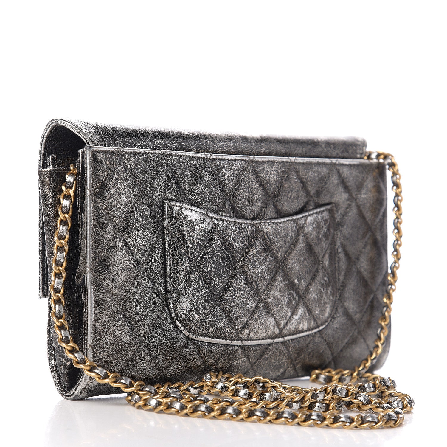 Chanel Cracked Metallic Calfskin Quilted Zip Away Chain Clutch Dark Silver 2 of 9