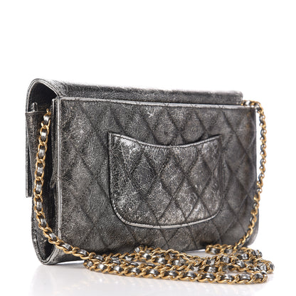 Chanel Cracked Metallic Calfskin Quilted Zip Away Chain Clutch Dark Silver 2 of 9