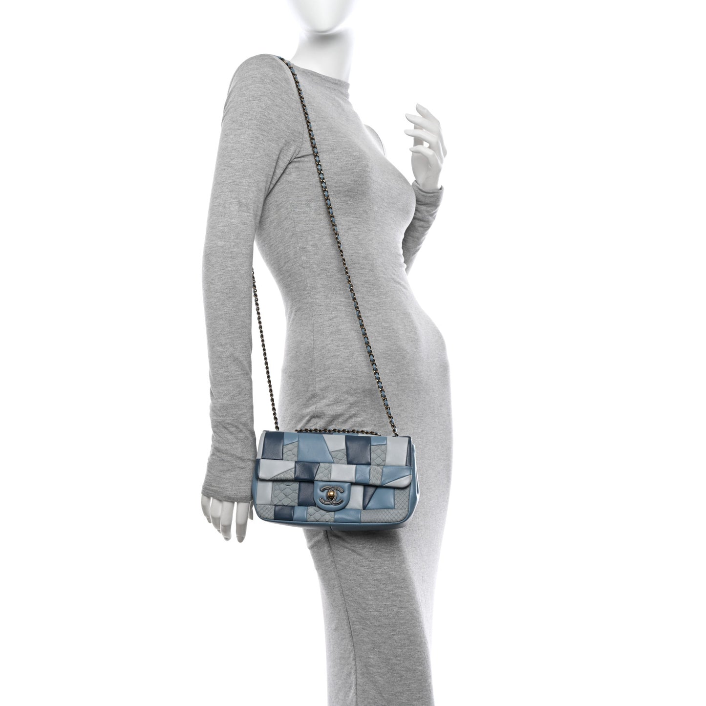 Snakeskin Lambskin Patchwork Small Flap Blue