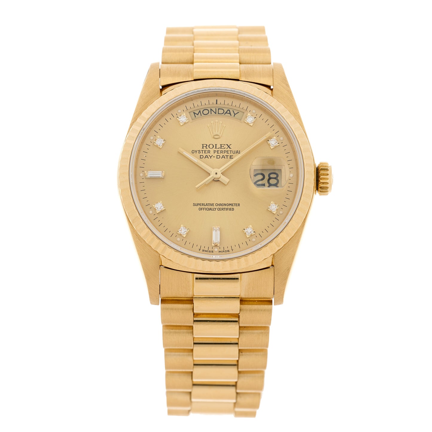 18K Yellow Gold Diamond 36mm Oyster Perpetual Day-Date President Watch Champagne 18038