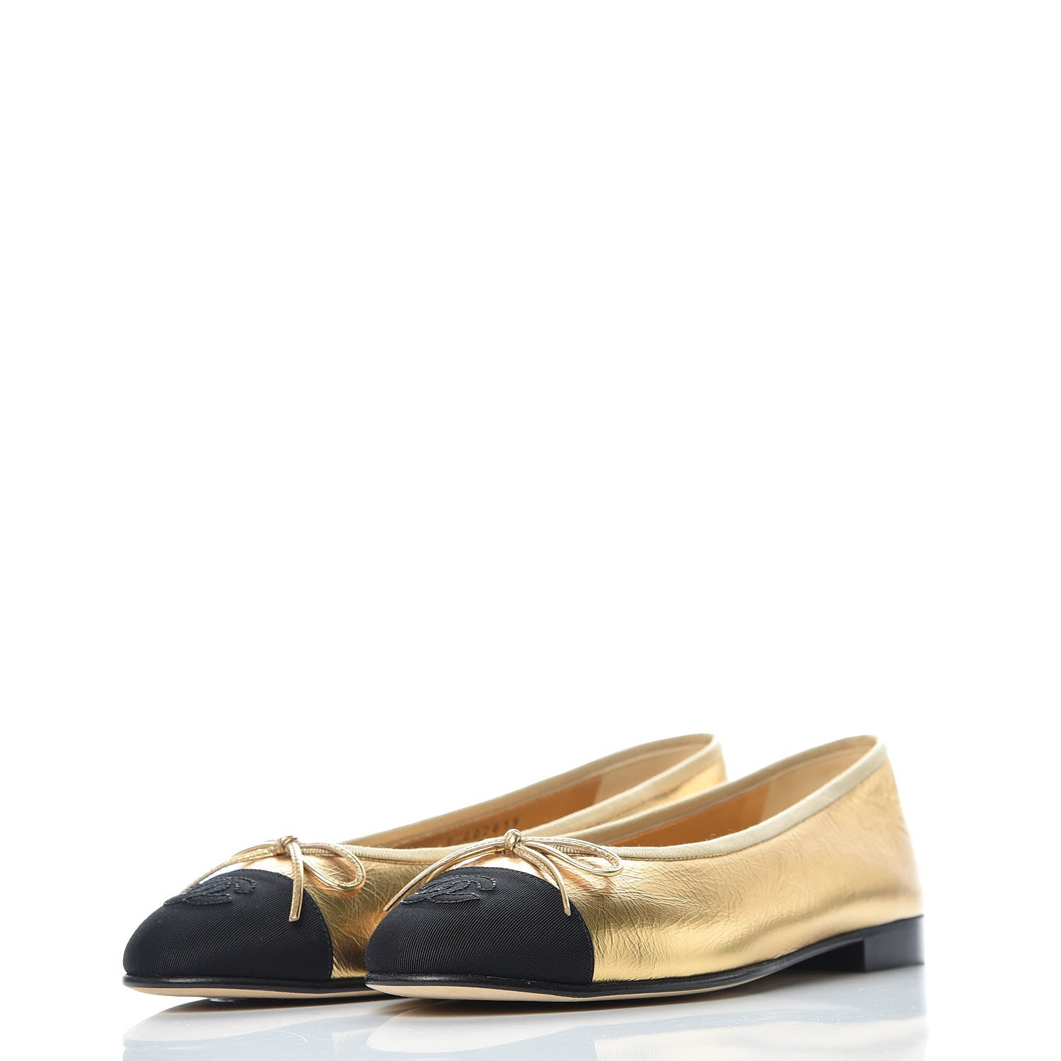 Chanel Laminated Lambskin Grosgrain Cap Toe CC Ballerina Flats 37.5 Gold Black 3 of 9
