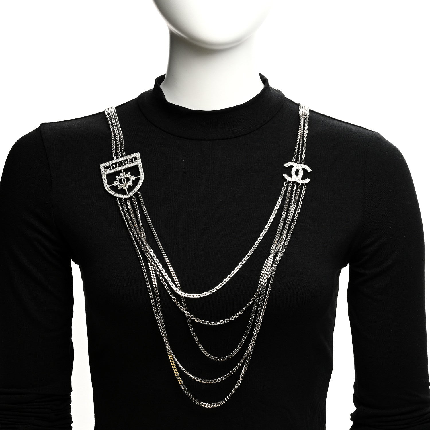 Chanel Baguette Crystal CC Shield Multi Strand Long Chain Necklace Silver 2 of 6