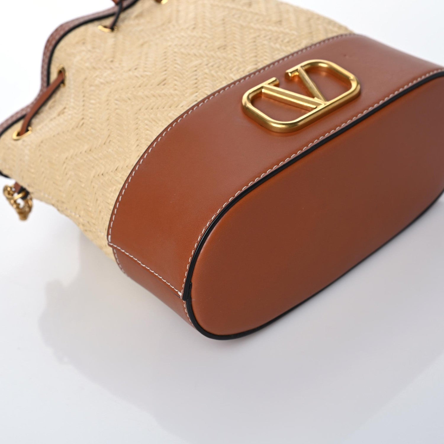 Valentino Garavani Raffia Calfskin Vlogo Drawstring Shoulder Bag Naturale Saddle Brown 5 of 8